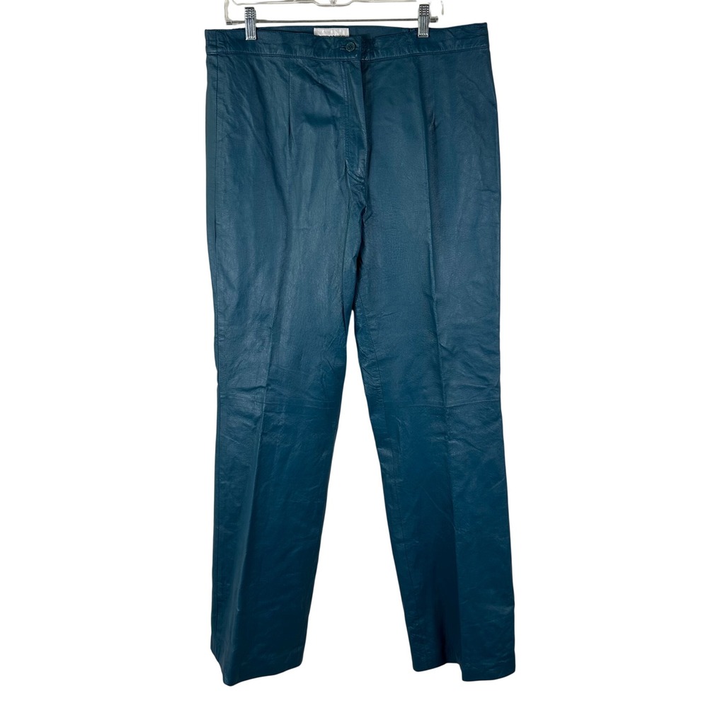 Vintage Veranesi Leather Pants Womens 18T Teal Blue Trousers Retro 90s Tall